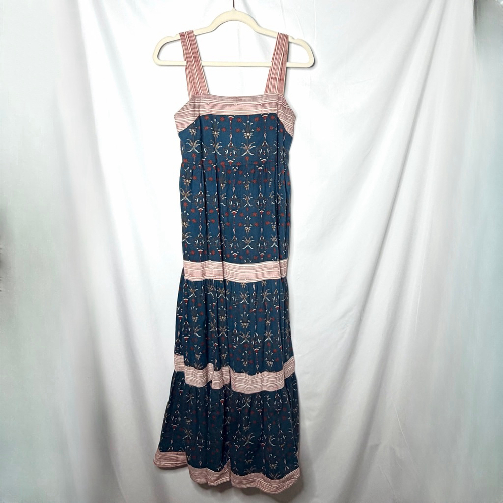 Anna Cate Blue and Red Floral Tiered Square Neck Maxi Dress Small